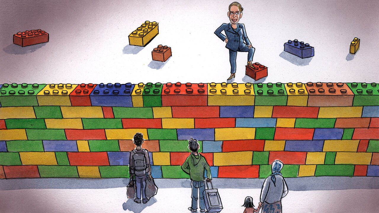 Illustration of Mette Frederiksen standing behind a giant lego wall in that migrants are standing on the other side of