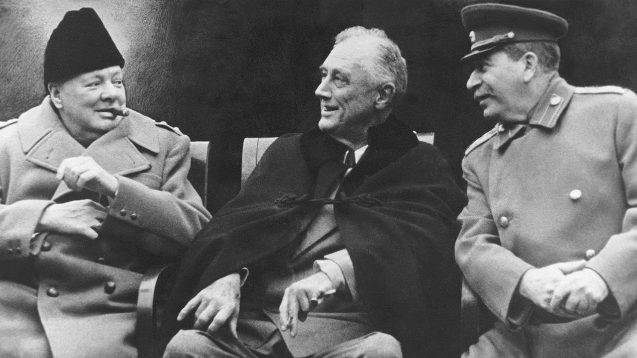 Winston Churchill, Franklin Roosevelt, and Joseph Stalin together after negotiations at the Yalta Conference of 1945